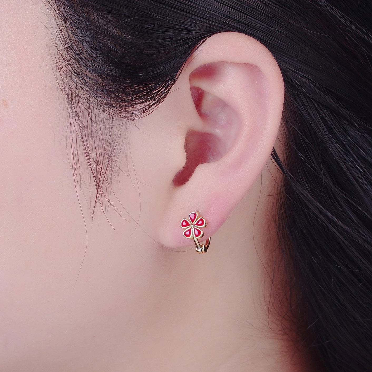 Daisy Love: Red and Pink Flower Huggie Earrings