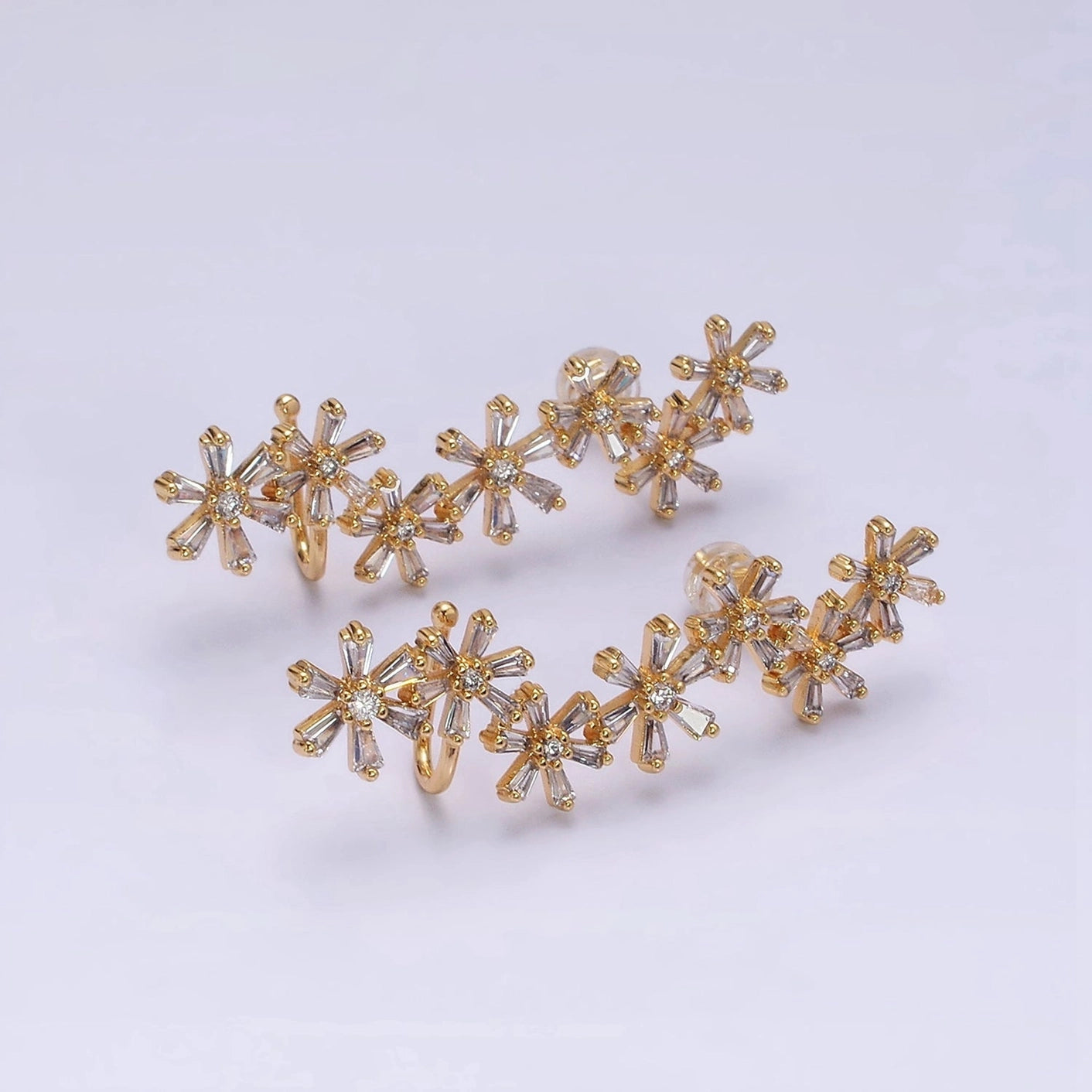 Floral Fusion Baguette Ear Crawler Stud Earrings