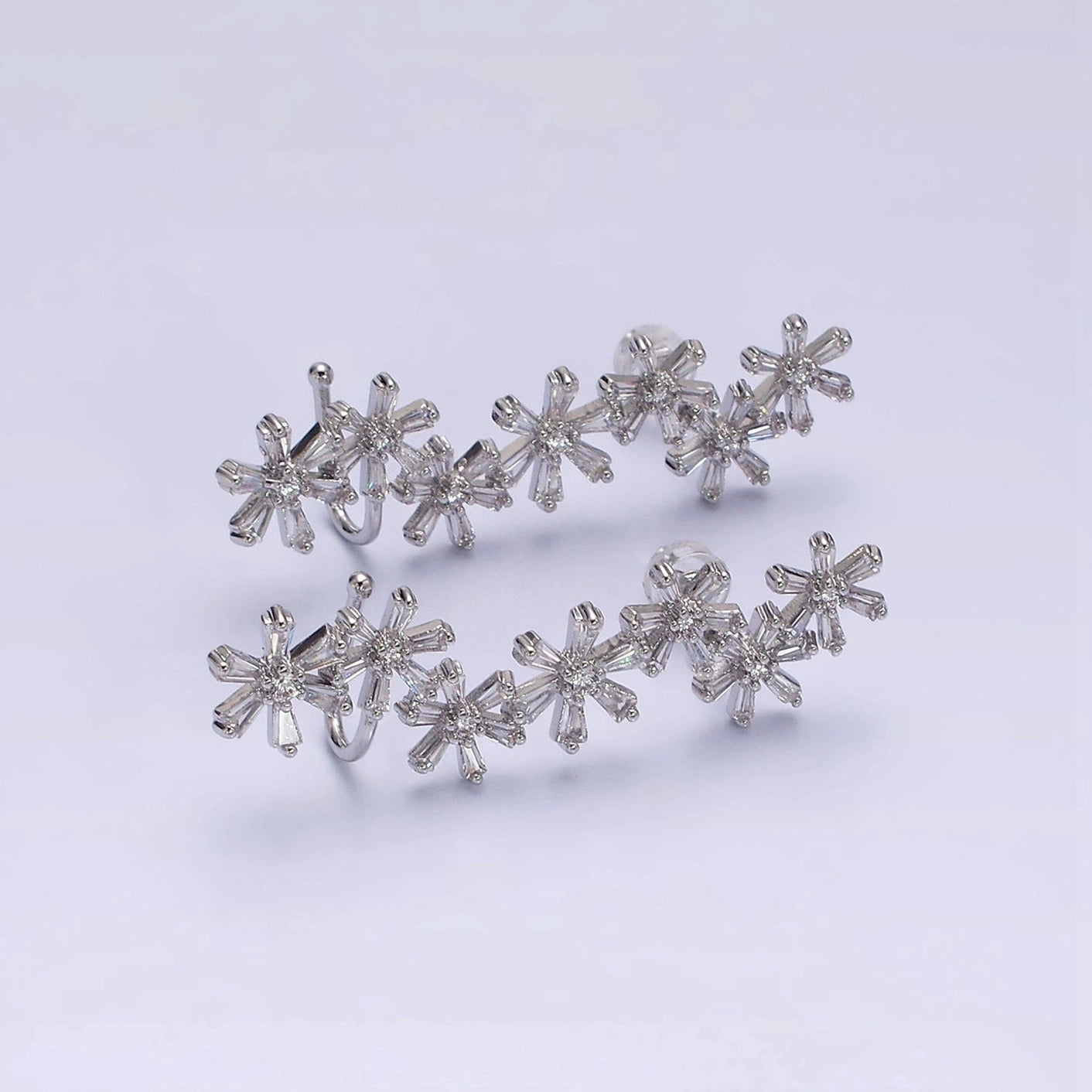 Floral Fusion Baguette Ear Crawler Stud Earrings