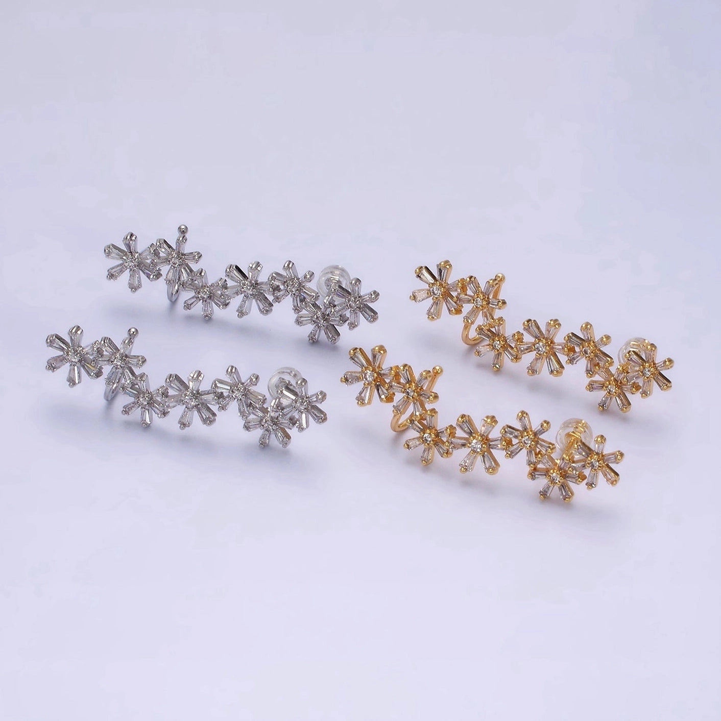 Floral Fusion Baguette Ear Crawler Stud Earrings