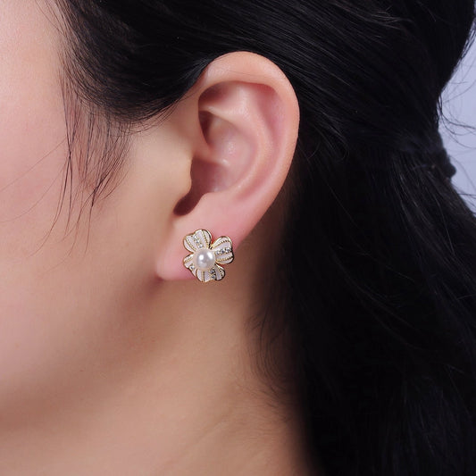 Pearly White Floral Stud Earrings