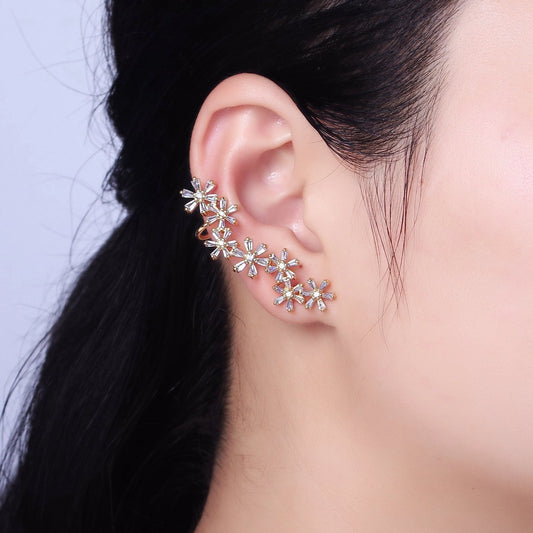 Floral Fusion Baguette Ear Crawler Stud Earrings