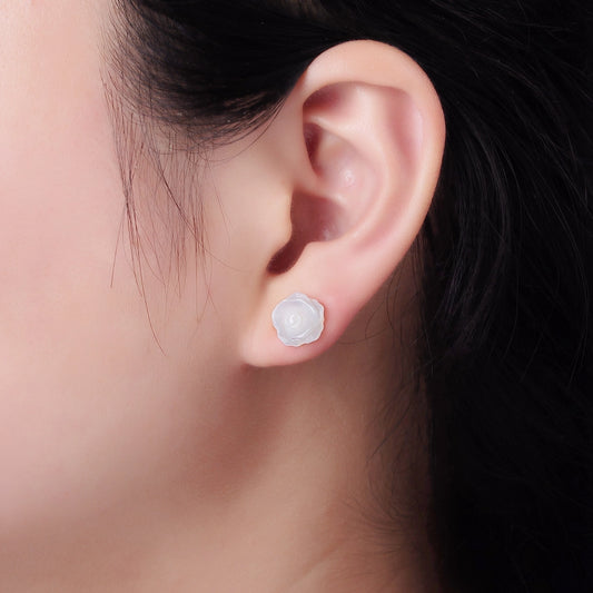 Pearly Rose Whisper: 14K Gold Filled White Rose Bud Stud Earrings