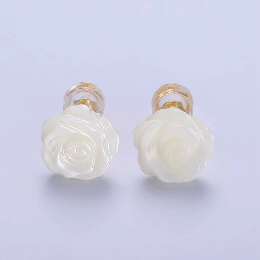 Pearly Rose Whisper: 14K Gold Filled White Rose Bud Stud Earrings
