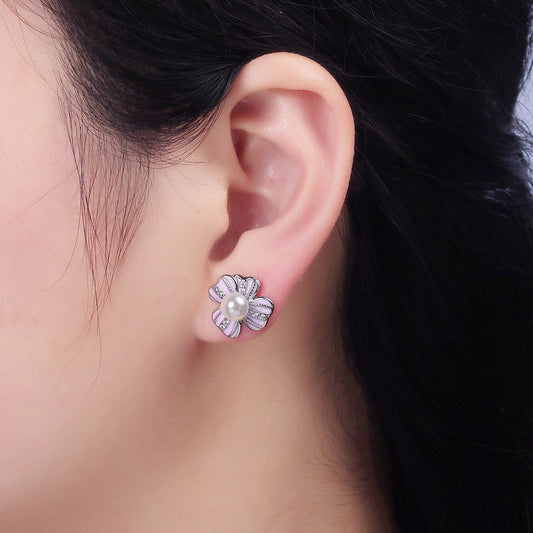 Pearly Pink Floral Stud Earrings