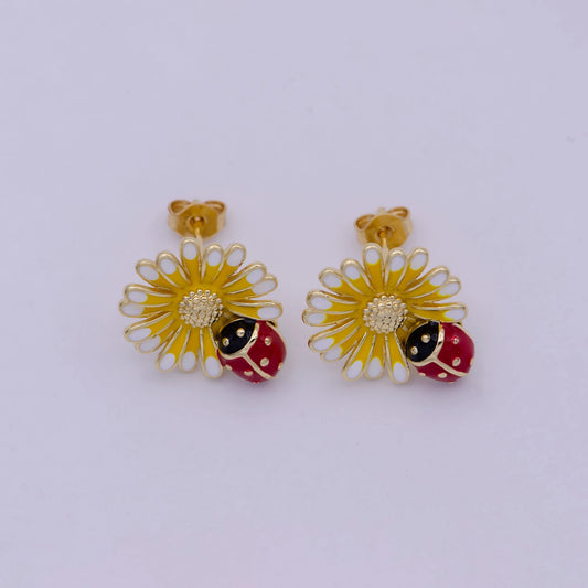 Sunflower Delight Dainty Yellow and Red Enamel Stud Earrings