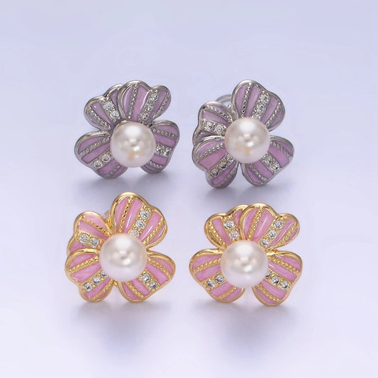 Pearly Pink Floral Stud Earrings